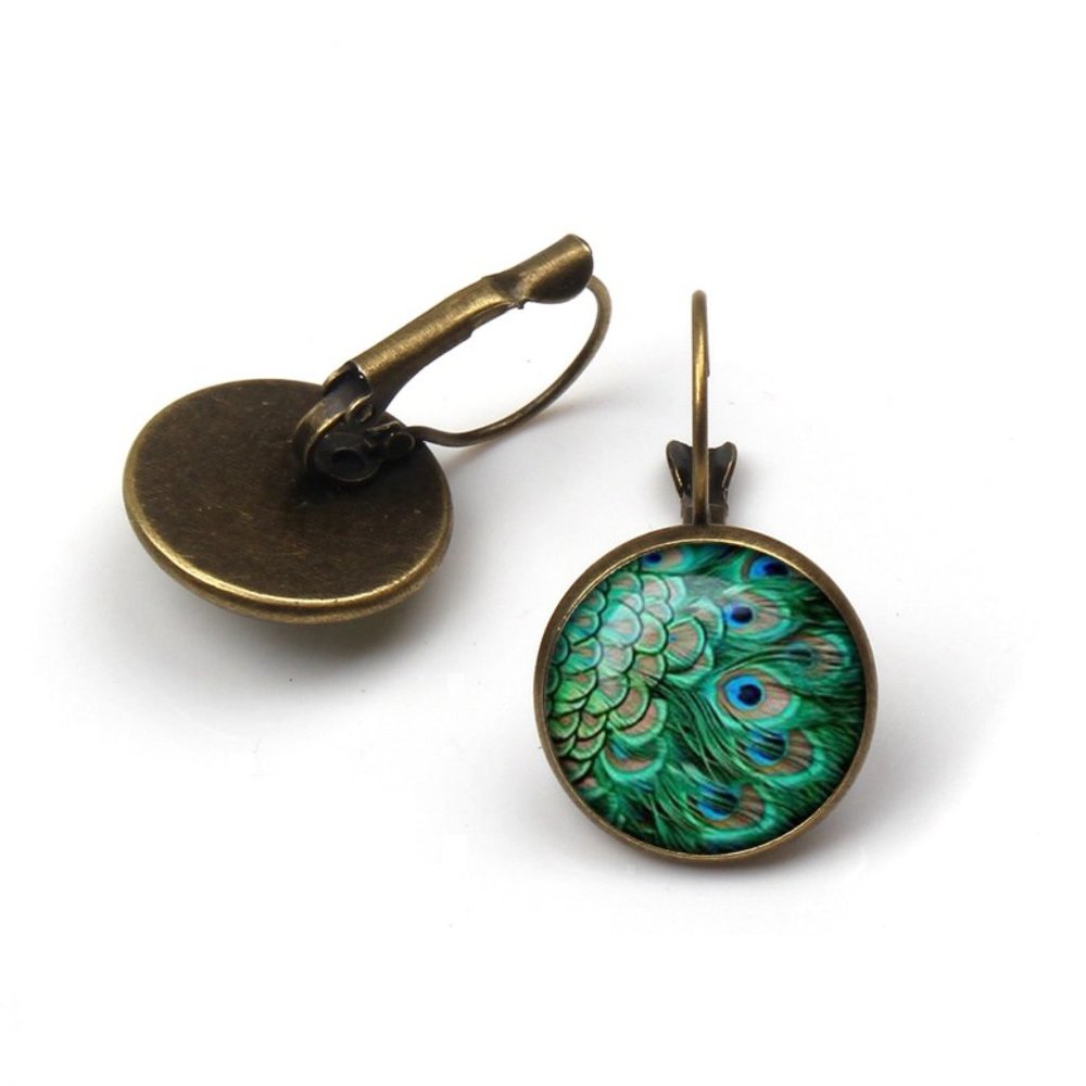 Boho Peacock Feather Bronze Earrings - Picture 2 of 3